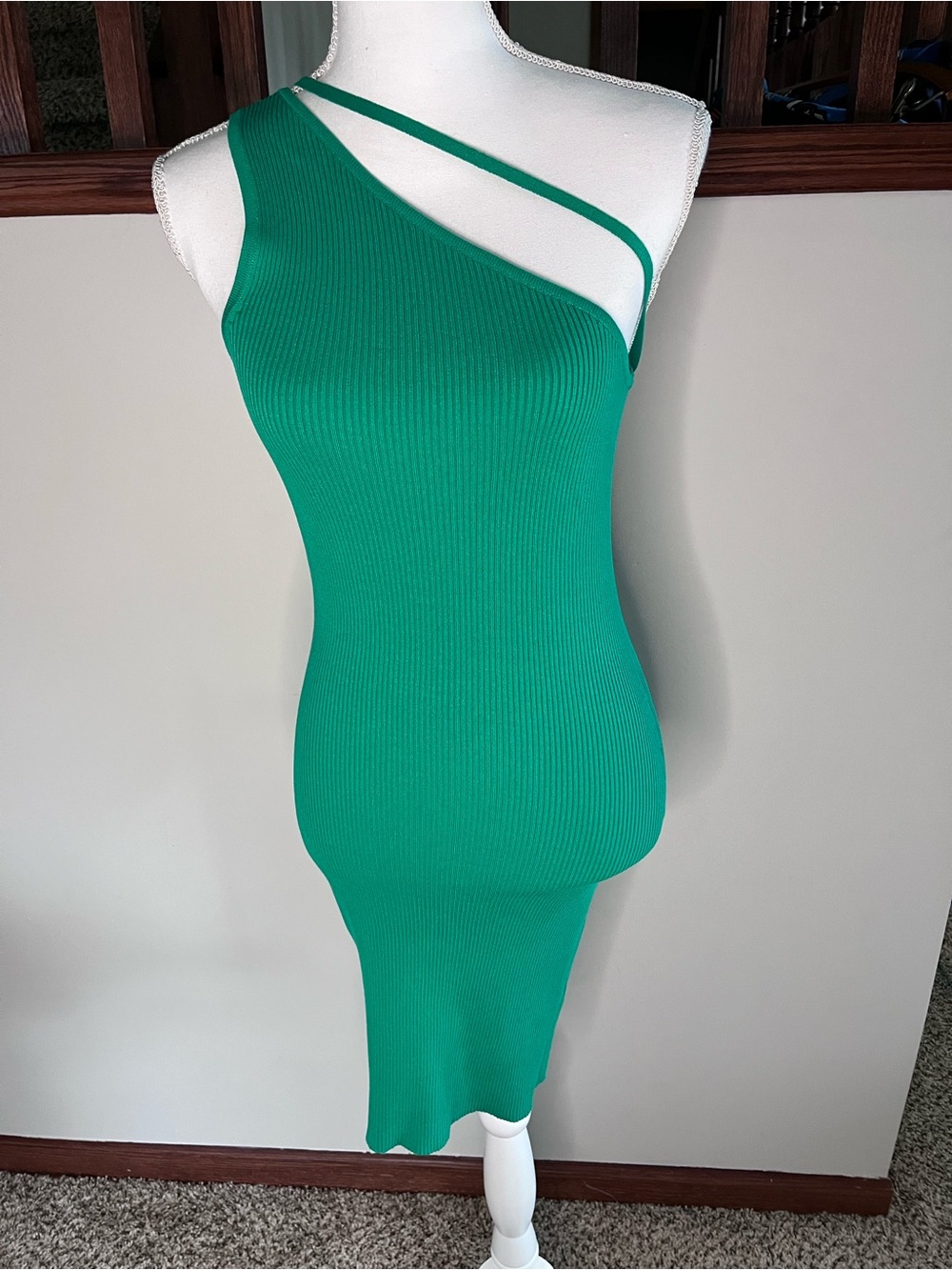 Collusion‎ Green Ribbed One Shoulder Asymmetrical Midi Bodycon Dress US 8